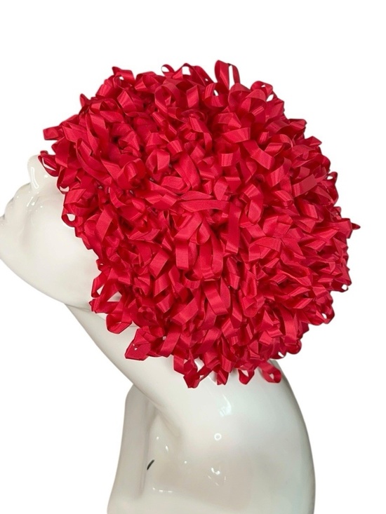 Joseph Magnin Red Ribbon Hat Ruffled Loop Mid Century Couture Cocktail Hat